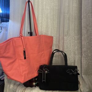 Lot of 2 VS victorias secret tote bags large & small coral /black